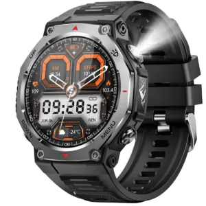 AMOLED Smartwatch with UV Light & Flashlight – Heart Rate Monitor - Black Silica Gel Strap